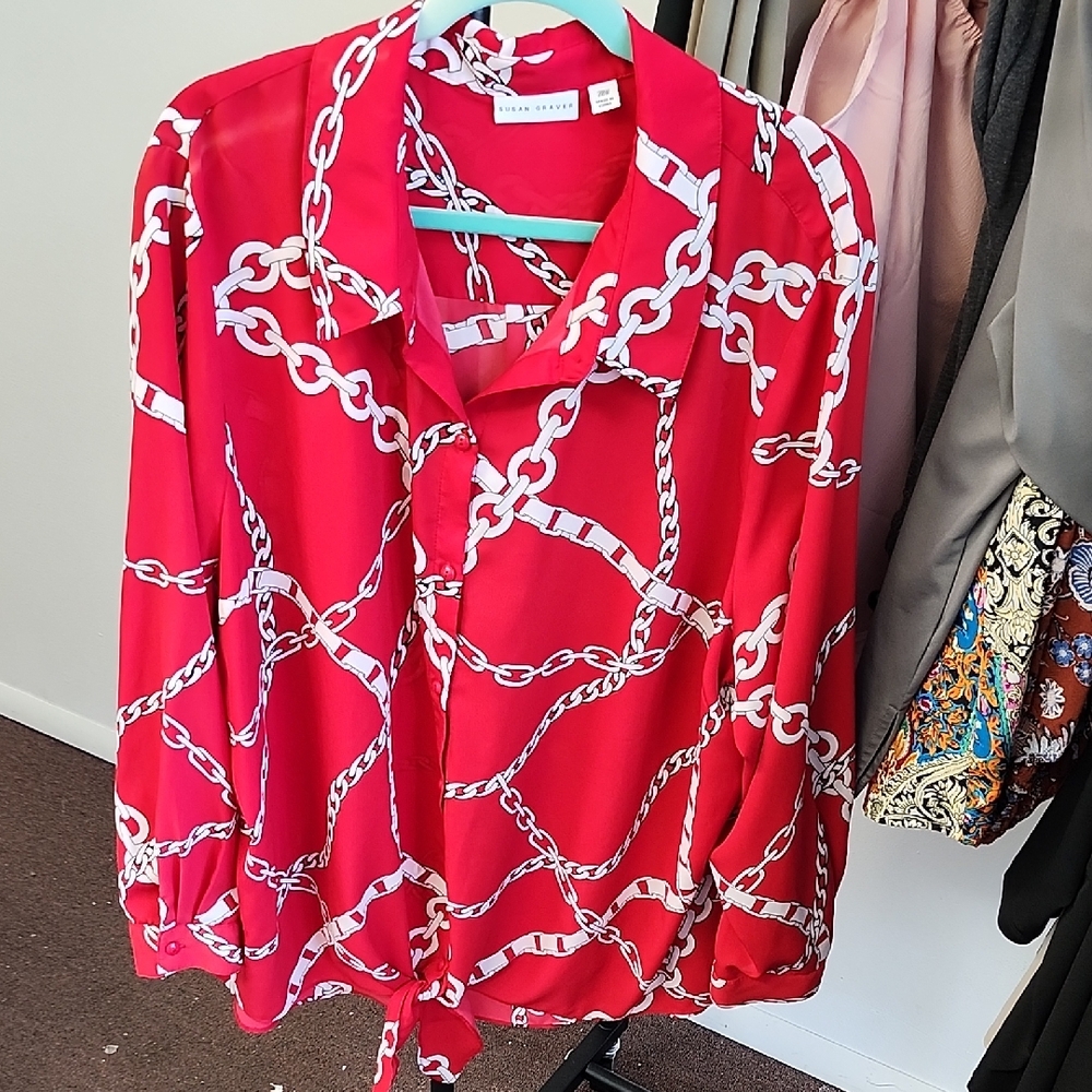 Susan Graver Red Chain Print Button Down Shirt